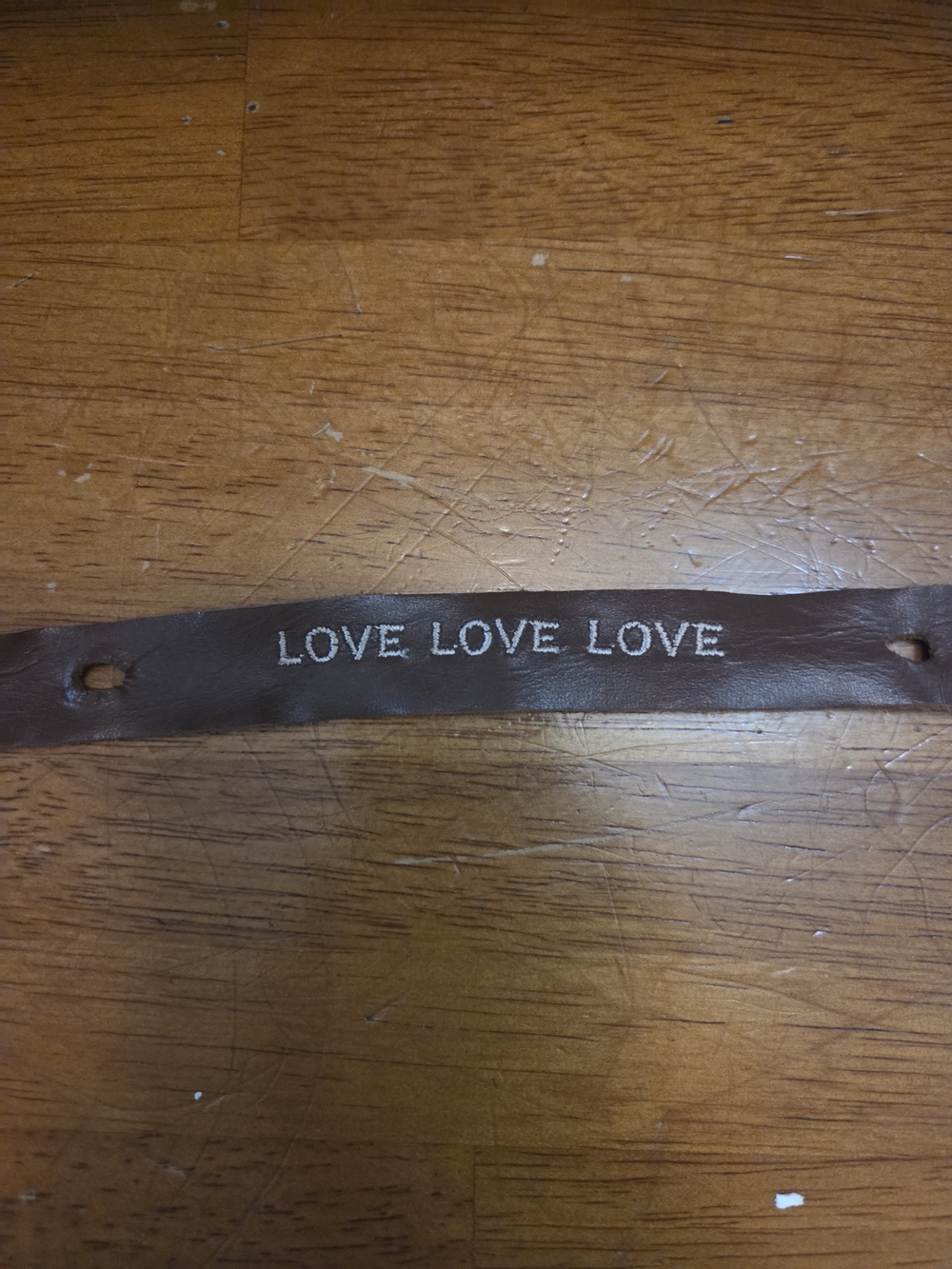 Brown Leather Bracelet with "LOVE LOVE LOVE" Silver Text